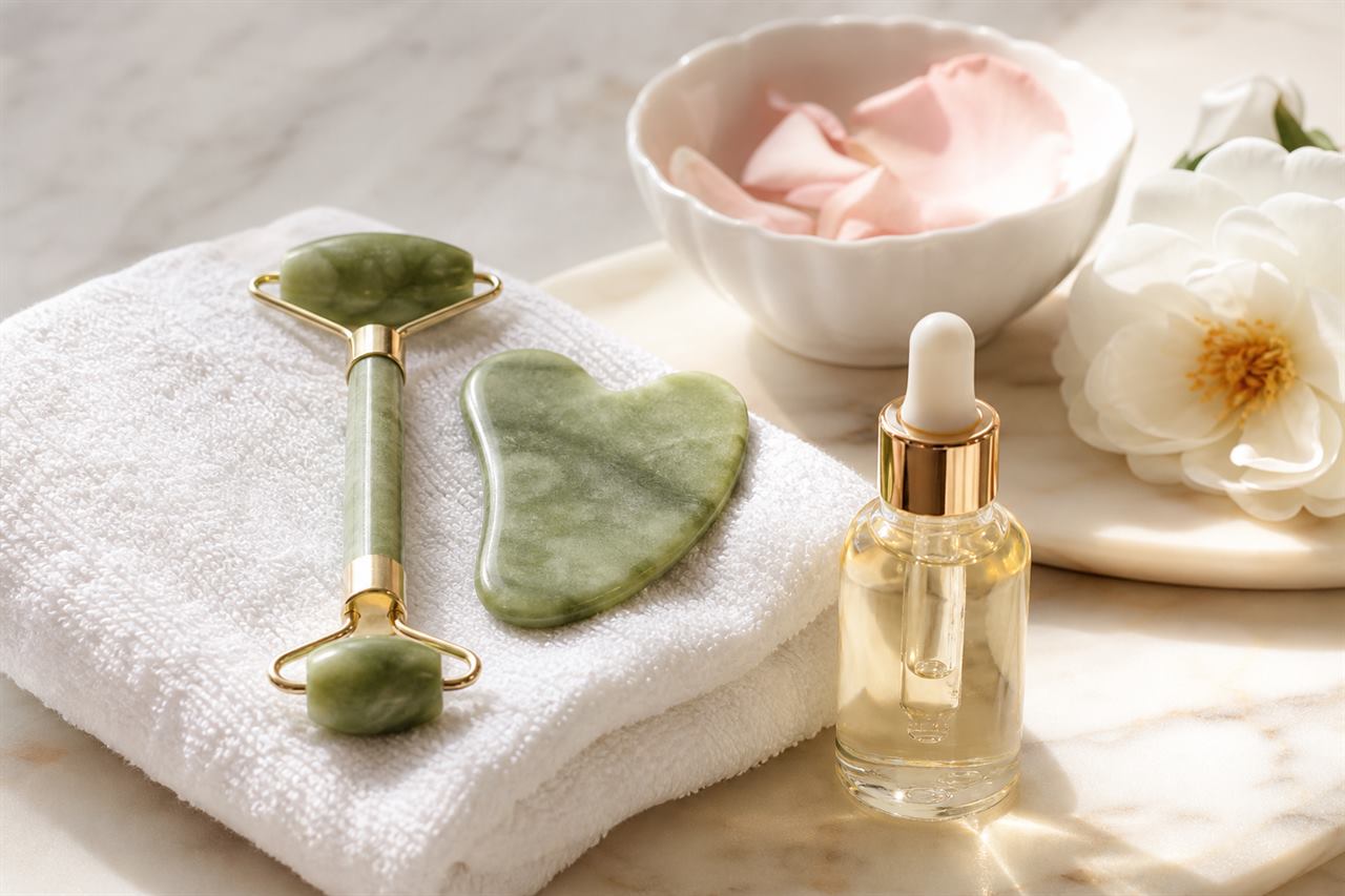 Drenagem linfática facial com toques suaves no rosto durante sessão de spa