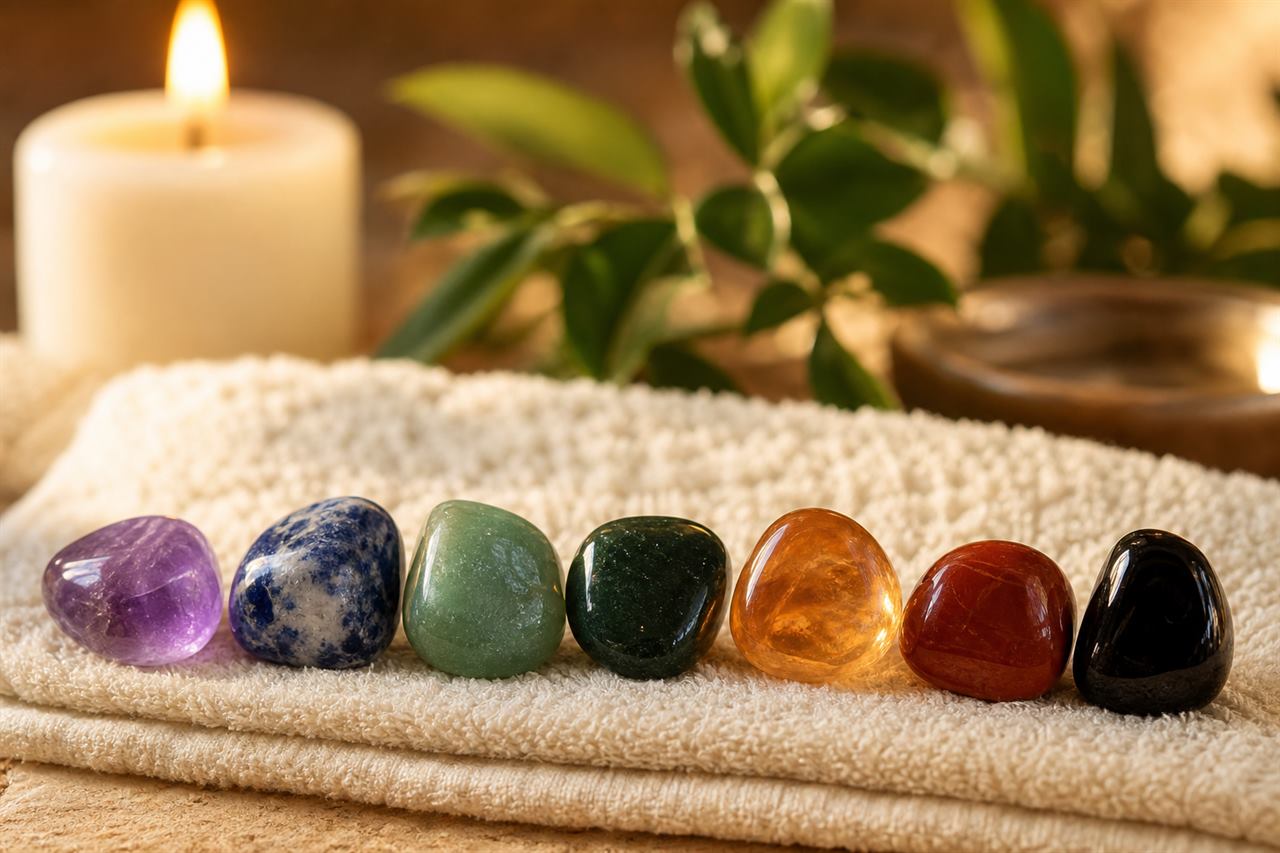 Sessão de Reiki com pedras bioenergéticas coloridas alinhadas sobre toalha